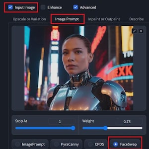 May include: Screenshot of a software interface with the text "Input Image", "Image Prompt", and "FaceSwap". The interface features a portrait of a person with a futuristic design. The background shows a city at night.