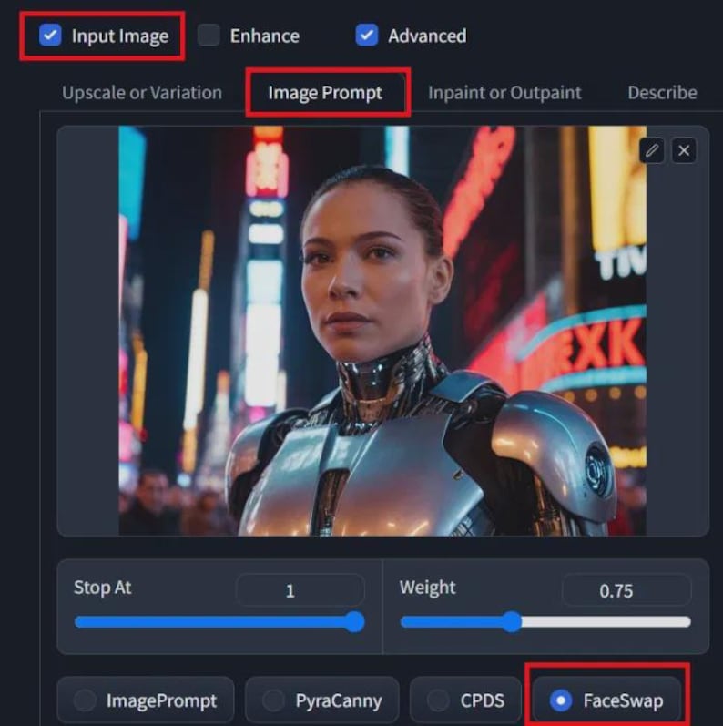 May include: Screenshot of a software interface with the text "Input Image", "Image Prompt", and "FaceSwap". The interface features a portrait of a person with a futuristic design. The background shows a city at night.