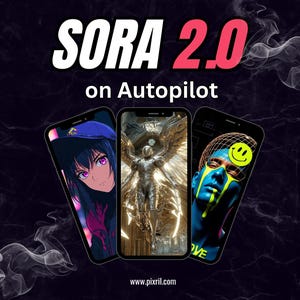 May include: Three smartphones are displayed, each showcasing digital artwork. The text "SORA 2.0" is at the top in white and red, with "on Autopilot" underneath. The background is dark with smoke and a marble effect. The website address www.pixril.com is at the bottom.
