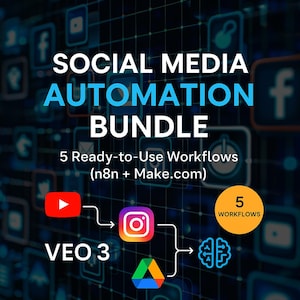 May include: A digital graphic advertising a social media automation bundle. The text reads "SOCIAL MEDIA AUTOMATION BUNDLE" with "5 Ready-to-Use Workflows" and "VEO 3". Icons for YouTube, Instagram, and other platforms are included.