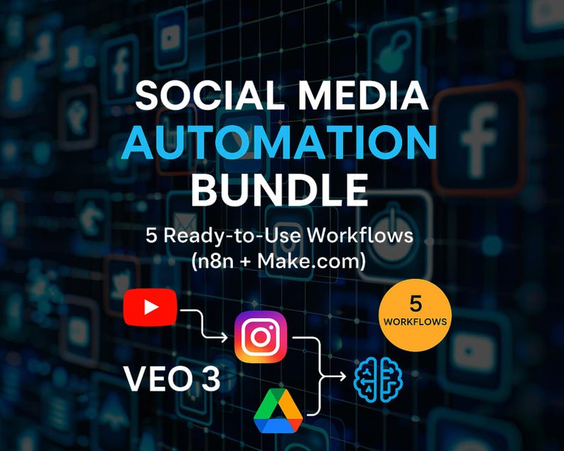 May include: A digital graphic advertising a social media automation bundle. The text reads "SOCIAL MEDIA AUTOMATION BUNDLE" with "5 Ready-to-Use Workflows" and "VEO 3". Icons for YouTube, Instagram, and other platforms are included.