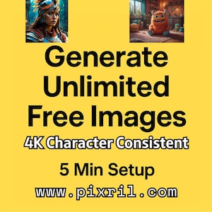 Puede incluir: Un fondo amarillo con el texto "Generate Unlimited Free Images" en negro. También está presente el texto "4K Character Consistent" y "5 Min Setup". La dirección del sitio web www.pixril.com está en la parte inferior. Dos pequeñas imágenes están en la parte superior.