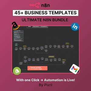 Puede incluir: Gráfico promocional para el "Ultimate N8N Bundle" con el texto "45+ Business Templates". La imagen presenta un fondo oscuro con un diagrama de flujo de trabajo y logotipos de Amazon, LinkedIn y Google. También se incluye el texto "With one Click -> Automation is Live!".