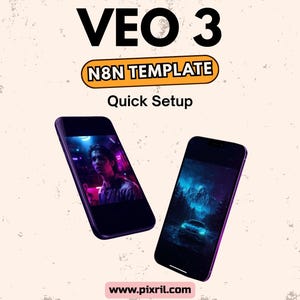 Puede incluir: Dos teléfonos inteligentes con pantallas negras y marcos morados se muestran sobre un fondo beige claro. Las pantallas muestran imágenes coloridas. El texto "VEO 3", "N8N TEMPLATE" y "Quick Setup" están en la parte superior. La dirección del sitio web "www.pixril.com" está en la parte inferior.