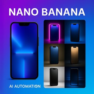 以下が含まれることがあります： 青い画面のスマートフォンと、他の6つのスマートフォンのバリエーションのグリッドを特徴とするデジタルアート作品です。「NANO BANANA」と「AI AUTOMATION」のテキストが白で表示されています。