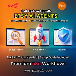 Op de afbeelding: Etsy-listingafbeelding die "ETSY AI AGENTS" promoot, een bundel van drie AI-tools: AI SEO Assistant, Auto-Publisher en Competitor Tracker. De afbeelding toont tablets met pictogrammen van een vergrootglas, raket en schild. Tekst: "Boost Traffic" en "Save Time."