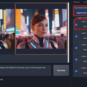 May include: A digital art interface displays a close-up of a cyborg in Times Square. The interface shows settings, models, and advanced options. The text reads "Close-up image of a human-looking cyborg, standing in the middle of a futuristic, neon-lit Times Square."