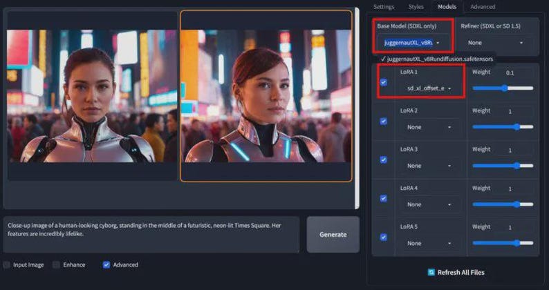 May include: A digital art interface displays a close-up of a cyborg in Times Square. The interface shows settings, models, and advanced options. The text reads "Close-up image of a human-looking cyborg, standing in the middle of a futuristic, neon-lit Times Square."