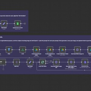 May include: A dark purple diagram illustrating a process flow. The diagram is split into two parts, each containing a sequence of connected icons and text. The top section details the steps to create a folder and database. The bottom section shows how to update variables and run a library scraper.