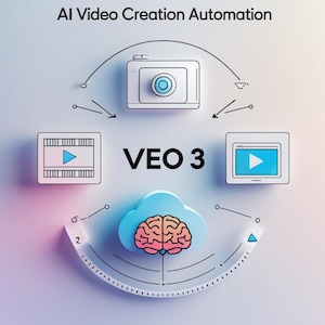 May include: An illustration promoting AI video creation automation. The image features a camera, video play icons, a brain inside a cloud, and the text "VEO 3". The design uses a light blue, white, and pink colour scheme.
