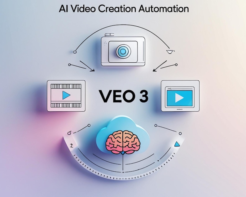 May include: An illustration promoting AI video creation automation. The image features a camera, video play icons, a brain inside a cloud, and the text "VEO 3". The design uses a light blue, white, and pink colour scheme.
