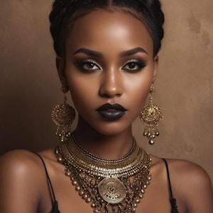May include: A woman with dark skin, wearing a black top, black lipstick, and elaborate gold jewelry. The jewelry includes a large necklace and matching earrings. Her hair is styled in a braided updo.