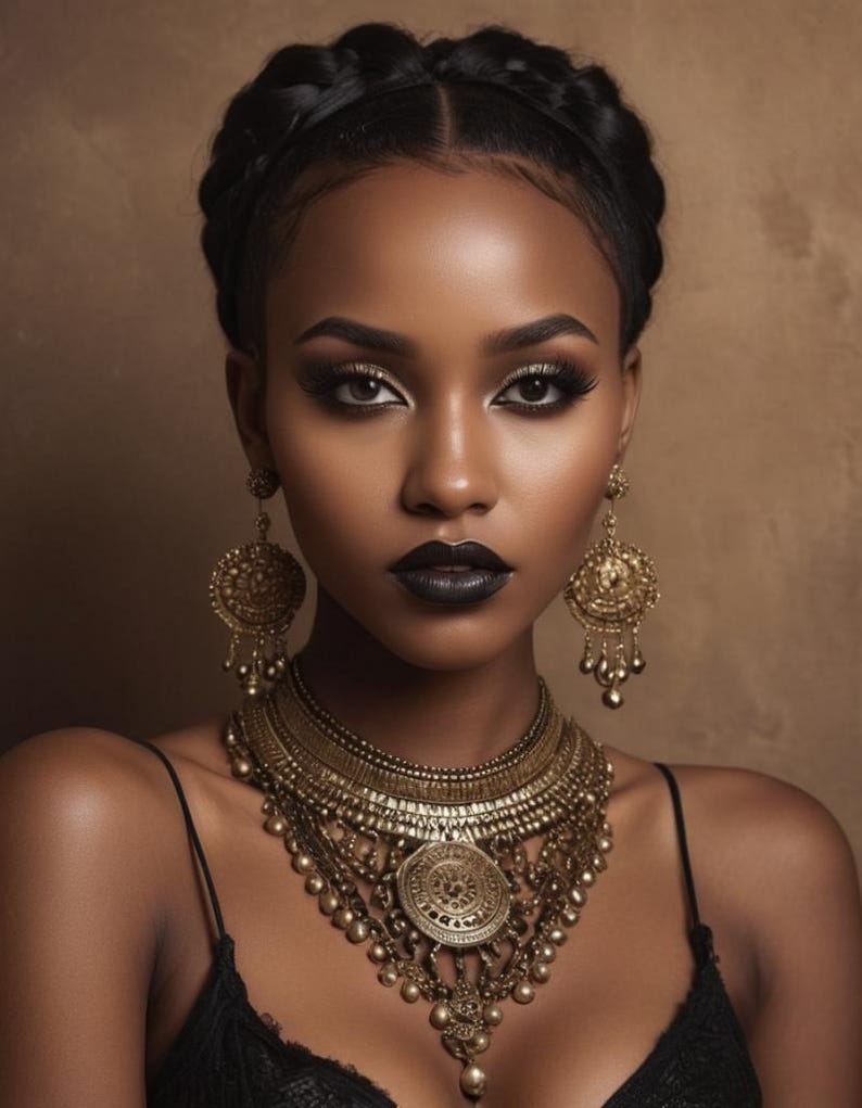 May include: A woman with dark skin, wearing a black top, black lipstick, and elaborate gold jewelry. The jewelry includes a large necklace and matching earrings. Her hair is styled in a braided updo.