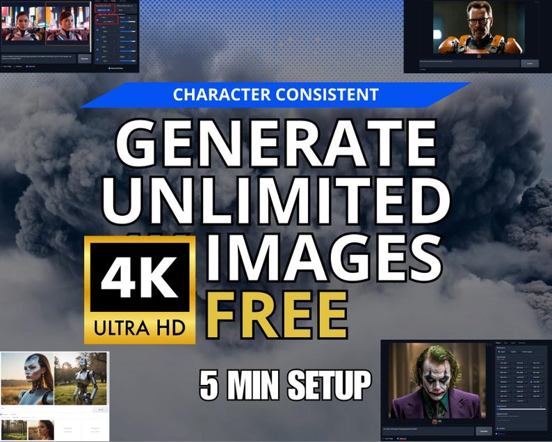 May include: A promotional graphic with the text "GENERATE UNLIMITED IMAGES FREE" in large white letters. The graphic also includes the text "4K ULTRA HD" in a gold and black box, and "5 MIN SETUP". The background features a dark, smoky cloud.