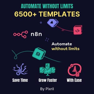 Op de afbeelding: Een illustratie met de tekst "AUTOMATE WITHOUT LIMITS" en "6500+ TEMPLATES". De afbeelding bevat iconen en de zinnen "Save Time", "Grow Faster" en "With Ease". De afbeelding is gesigneerd "By Pixril".