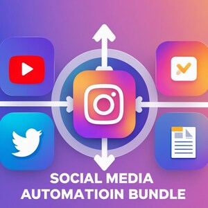 May include: An illustration featuring social media icons such as YouTube, Instagram, Twitter, and a document symbol, arranged around a central circle with arrows. The text "SOCIAL MEDIA AUTOMATION BUNDLE" is displayed below the icons against a gradient background.