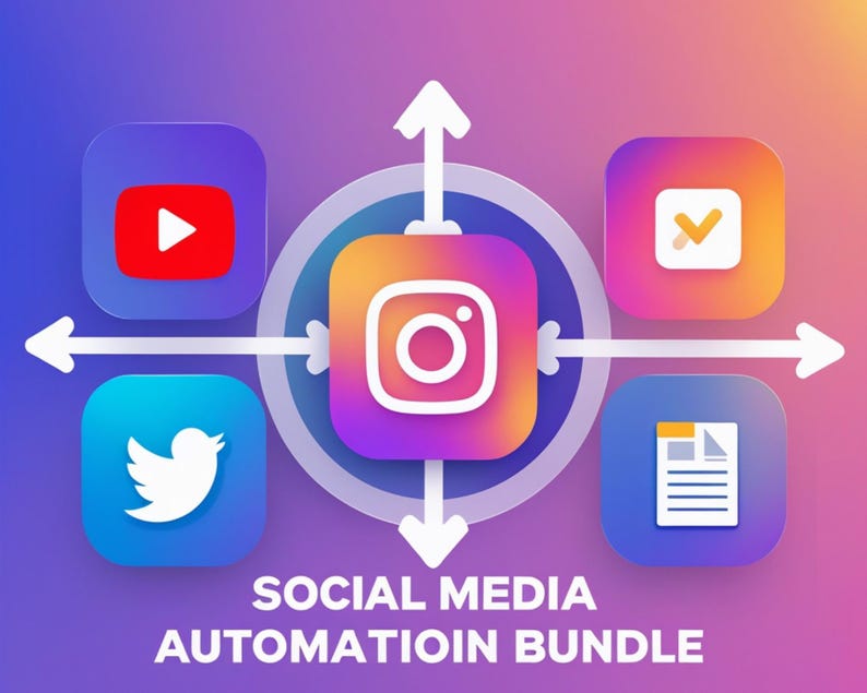 May include: An illustration featuring social media icons such as YouTube, Instagram, Twitter, and a document symbol, arranged around a central circle with arrows. The text "SOCIAL MEDIA AUTOMATION BUNDLE" is displayed below the icons against a gradient background.