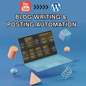 May include: A light blue laptop displays a workflow diagram with the text "BLOG WRITING & POSTING AUTOMATION." Floating around the laptop are geometric shapes in orange, blue, and white, with YouTube and WordPress logos.