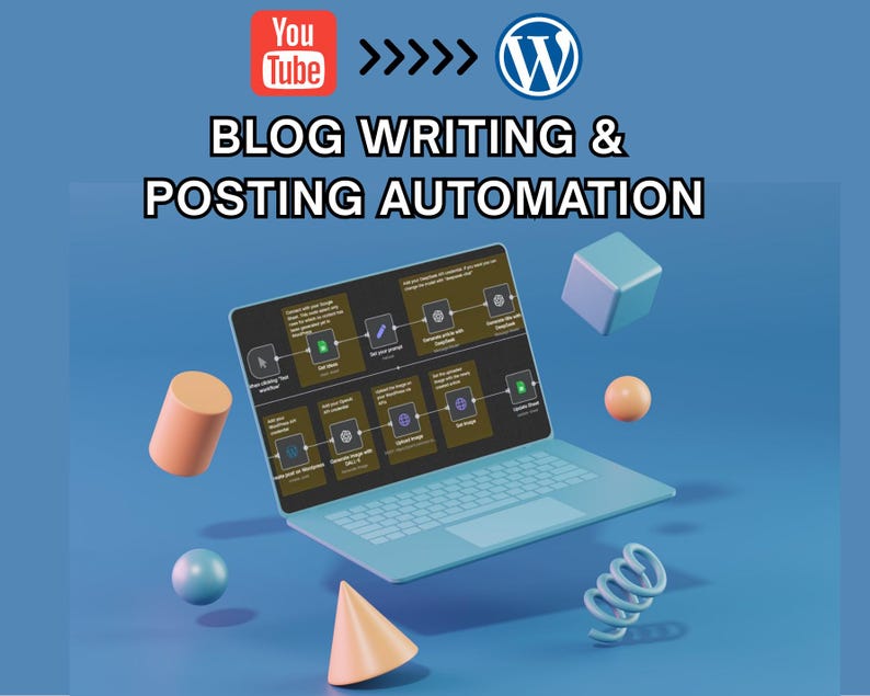 May include: A light blue laptop displays a workflow diagram with the text "BLOG WRITING & POSTING AUTOMATION." Floating around the laptop are geometric shapes in orange, blue, and white, with YouTube and WordPress logos.