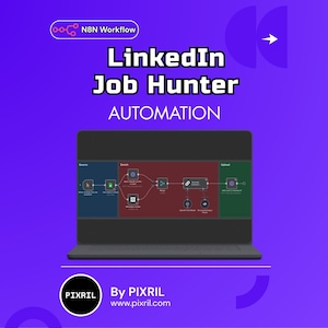 May include: A laptop displays a workflow diagram for LinkedIn Job Hunter Automation. The screen shows a series of connected boxes and arrows, with the text "Source", "Extract", and "Upload". The background is a gradient of purple.