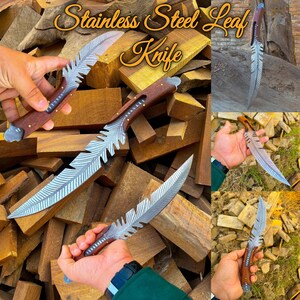 Custom  Feather Style Bowie Knife, Damascus Steel Blade, Stylish Handle & Leather Sheath, Perfect Christmas, Anniversary Gift USA
