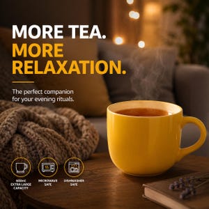 Peut inclure: Une tasse en c&eacute;ramique jaune vif remplie de th&eacute; chaud, avec le texte MORE TEA. MORE RELAXATION. La tasse a une capacit&eacute; de 600 ml et est compatible avec le micro-ondes et le lave-vaisselle. Elle pr&eacute;sente une anse et une finition lisse.