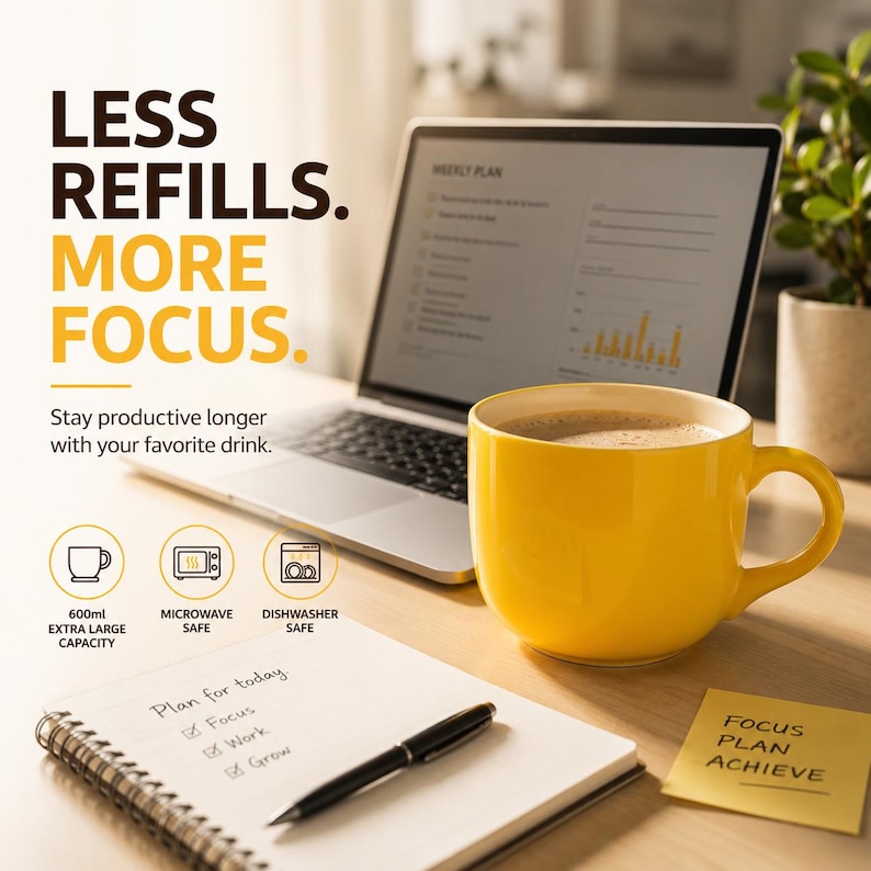 Peut inclure: Un mug en c&eacute;ramique jaune vif d'une capacit&eacute; de 600 ml, compatible micro-ondes et lave-vaisselle. L'image pr&eacute;sente le texte LESS REFILLS. MORE FOCUS. Stay productive longer with your favorite drink. Un carnet avec un stylo et un post-it indiquant FOCUS PLAN ACHIEVE sont visibles.