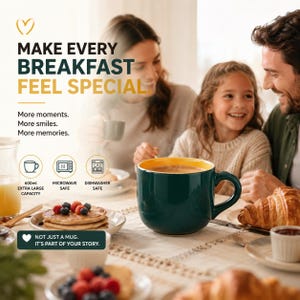Peut inclure: Un grand mug en c&eacute;ramique vert fonc&eacute; avec un int&eacute;rieur jaune, d'une capacit&eacute; de 600ml, compatible micro-ondes et lave-vaisselle. Le texte indique : MAKE EVERY BREAKFAST FEEL SPECIAL. More moments. More smiles. More memories. NOT JUST A MUG.