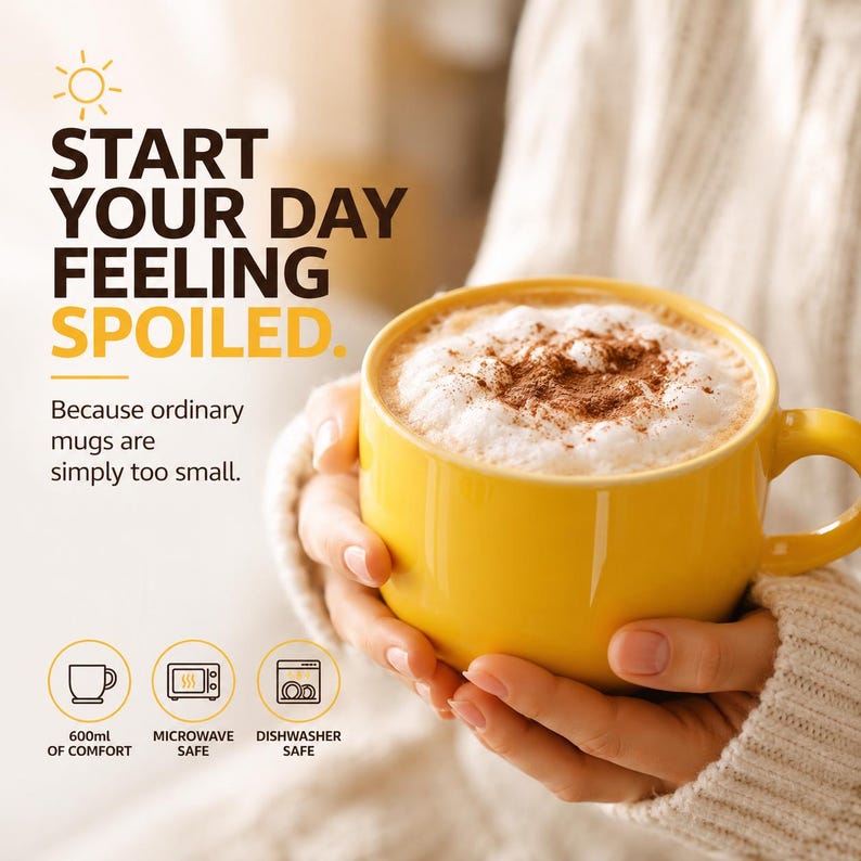 Peut inclure: Un mug en c&eacute;ramique jaune vif rempli d'une boisson au caf&eacute; mousseuse saupoudr&eacute;e de cannelle. Le texte indique : START YOUR DAY FEELING SPOILED. Because ordinary mugs are simply too small. 600ml OF COMFORT, MICROWAVE SAFE, DISHWASHER SAFE.