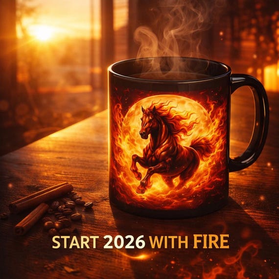2026 Year of the Fire Horse Mug – Flaming Stallion Zodiac Design | Ceramic Coffee Mug 11 oz / 15 oz | Chinese Zodiac Gift, Power & Energy