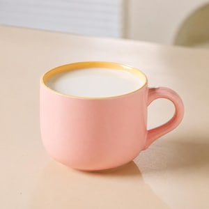 Peut inclure: Une tasse en c&eacute;ramique ronde avec un ext&eacute;rieur rose doux et un bord int&eacute;rieur jaune p&acirc;le. La tasse pr&eacute;sente une anse incurv&eacute;e sur le c&ocirc;t&eacute; droit et est remplie &agrave; ras bord d'un liquide blanc, cr&eacute;ant un aspect lisse et uniforme dans le r&eacute;cipient.
