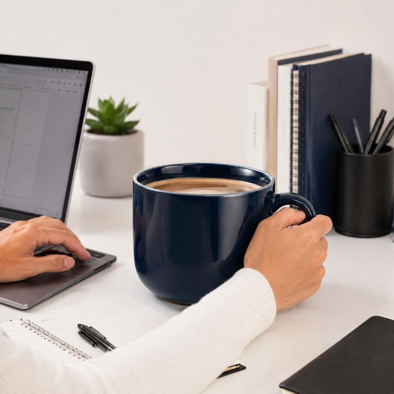 Peut inclure: Une grande tasse en c&eacute;ramique bleu marine remplie de caf&eacute;, tenue par une main. La tasse pr&eacute;sente une finition lisse et brillante avec une anse incurv&eacute;e, pos&eacute;e sur un bureau &agrave; c&ocirc;t&eacute; d'un ordinateur portable, d'un carnet et d'un pot &agrave; crayons.