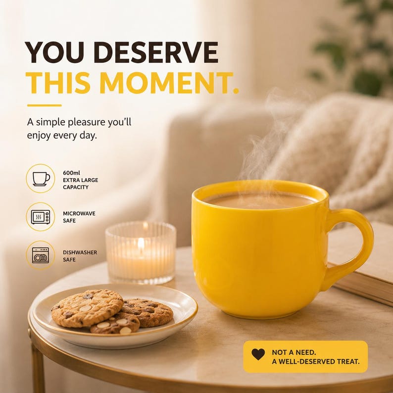 Peut inclure: Un mug en c&eacute;ramique jaune vif rempli d'une boisson fumante, accompagn&eacute; d'une petite assiette avec trois cookies aux p&eacute;pites de chocolat et une bougie allum&eacute;e. Le texte indique : YOU DESERVE THIS MOMENT. 600ml EXTRA LARGE CAPACITY, MICROWAVE SAFE.