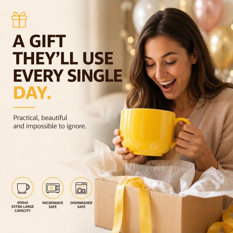 Peut inclure: Un grand mug en c&eacute;ramique jaune vif avec une anse, accompagn&eacute; du texte A GIFT THEY'LL USE EVERY SINGLE DAY. Practical, beautiful and impossible to ignore. Des ic&ocirc;nes indiquent une capacit&eacute; de 600ml, compatible micro-ondes et lave-vaisselle.