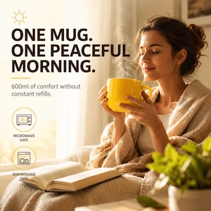 Peut inclure: Un mug en c&eacute;ramique jaune vif d'une capacit&eacute; de 600 ml. Le texte indique : ONE MUG. ONE PEACEFUL MORNING. 600ml of comfort without constant refills. Des ic&ocirc;nes indiquent que le mug est compatible micro-ondes et lave-vaisselle. De la vapeur s'en &eacute;chappe.