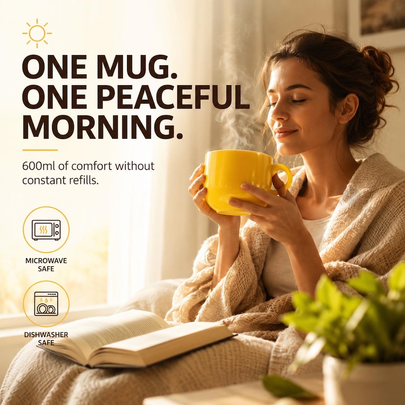 Peut inclure: Un mug en c&eacute;ramique jaune vif d'une capacit&eacute; de 600 ml. Le texte indique : ONE MUG. ONE PEACEFUL MORNING. 600ml of comfort without constant refills. Des ic&ocirc;nes indiquent que le mug est compatible micro-ondes et lave-vaisselle. De la vapeur s'en &eacute;chappe.