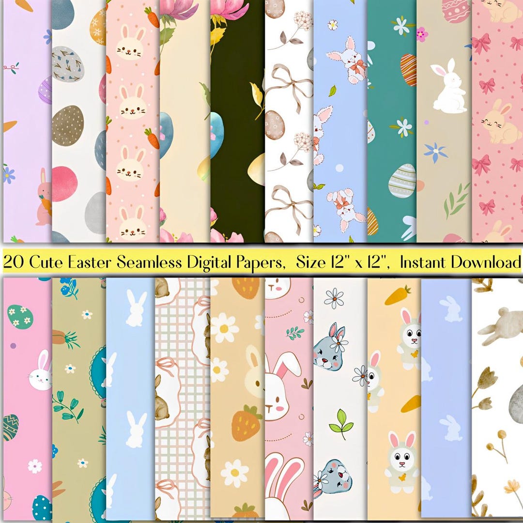 Easter Seamless Digital Papers, Pastel Spring Cute Bunny, Eggs,flowers ...