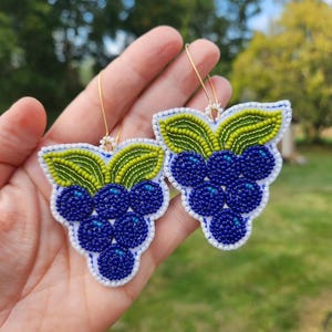 Grape Beaded Deer Hide Backed Earrings - Royal Blue - Green - Beadwork - Handmade - Indigenous - Native - Métis