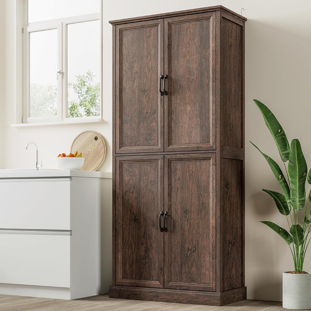 Brown Kitchen Pantry Cabinet With Drawers Farmhouse Tallboy Cabinet ...