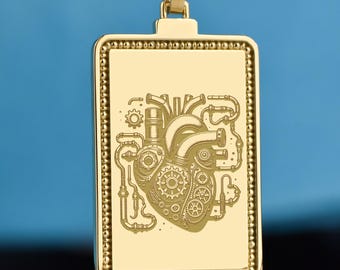 Złoty naszyjnik w kształcie serca steampunk z 14-karatowego złota, niestandardowy wisiorek fantasy, grawerowana biżuteria science fiction, delikatny amulet w kształcie serca zasilany parą, idealny prezent urodzinowy