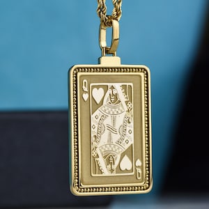 14K Gold Queen of Hearts Necklace, Playing Card Pendant, Poker Gift, Rummy Jewelry, Casino Night Charm, Personalized Card Deck Talisman Gift