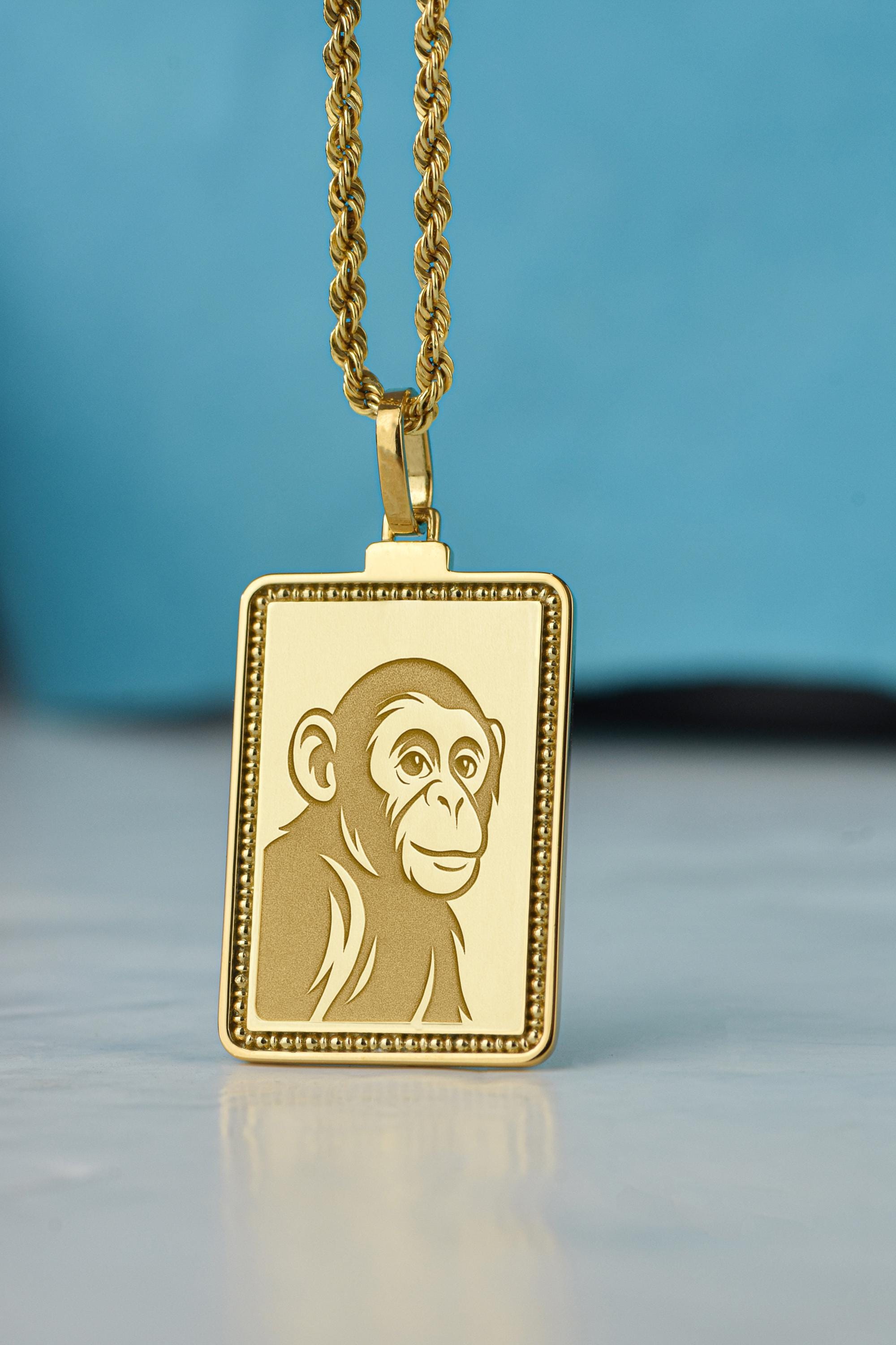 14K Gold Monkey Necklace, Jungle Animal Pendant, Personalized