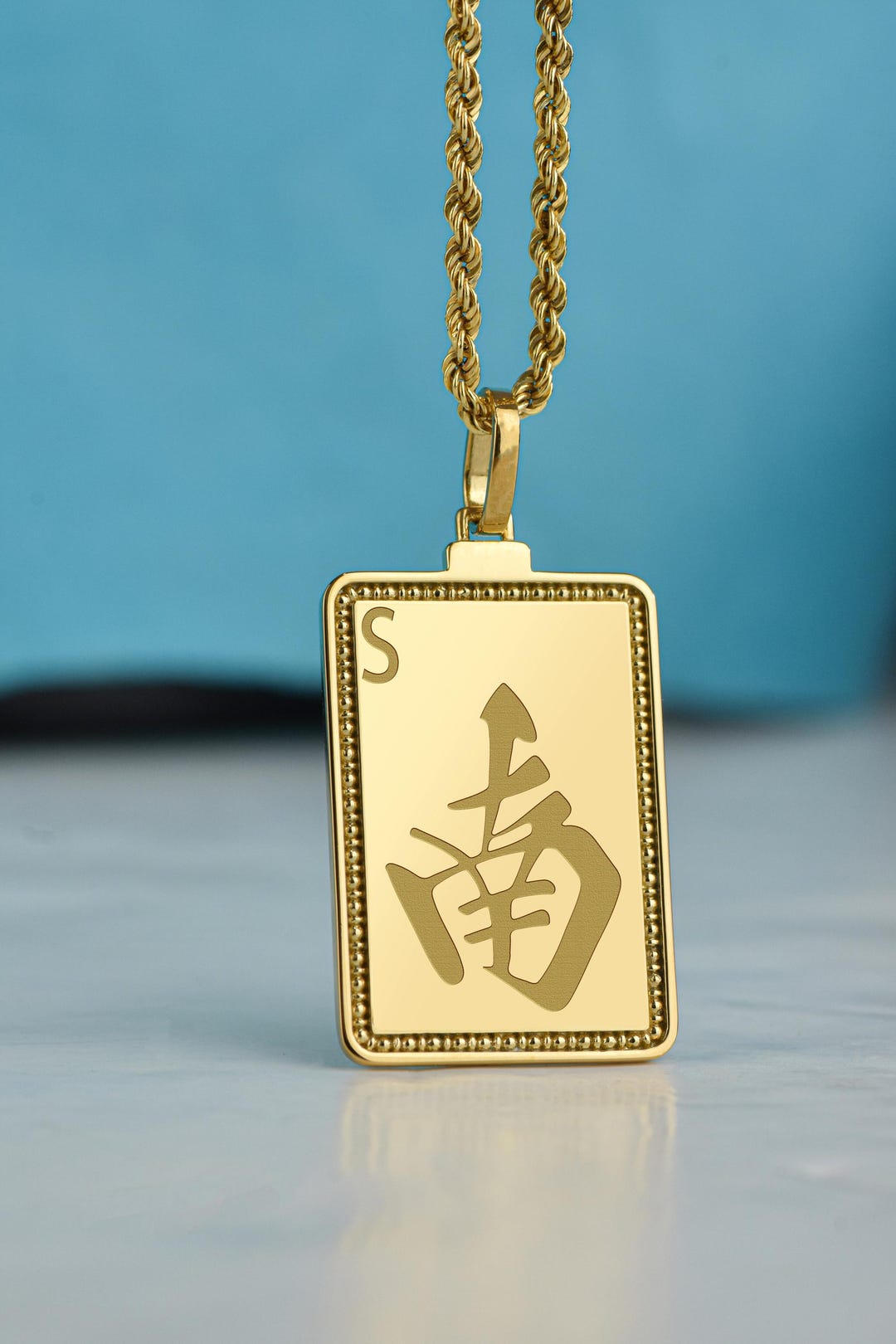Talisman Rope 14K Gold South Wind Mahjong Tile Necklace, Personalized Tabletop Game ...