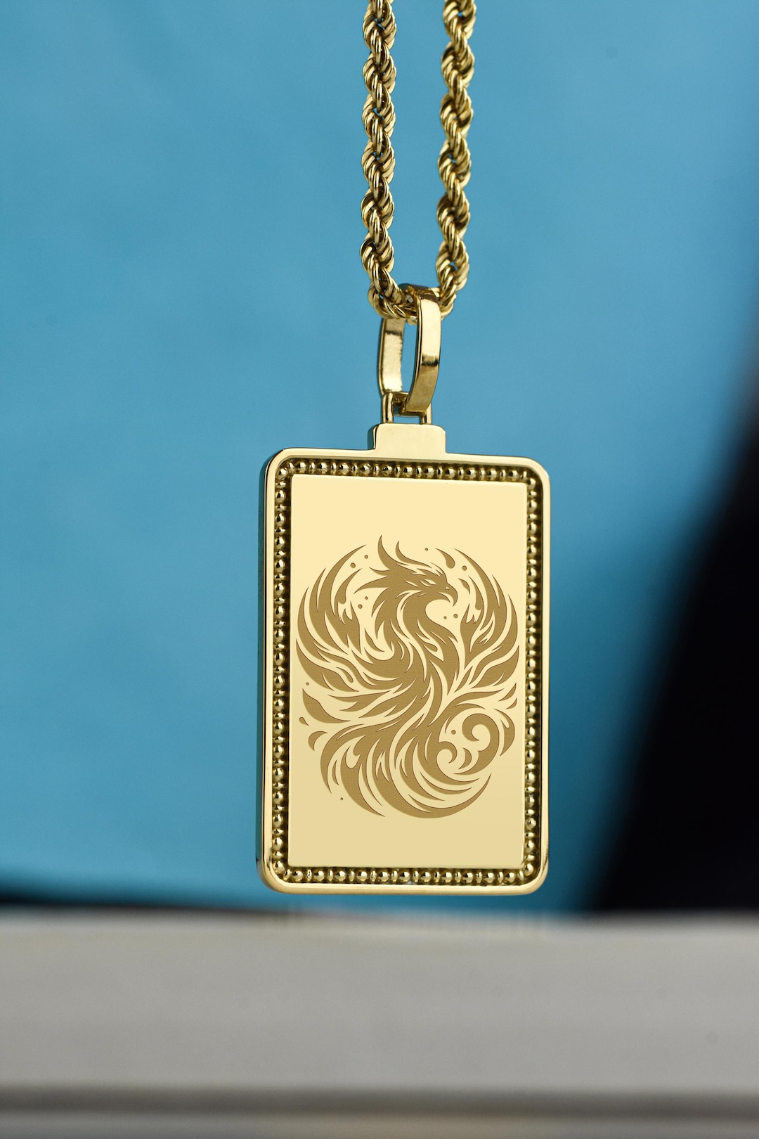 14K Gold Phoenix Necklace, Custom Rebirth Talisman, Engraved Mythical ...