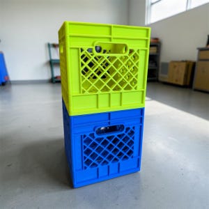 May include: A stack of two rectangular plastic storage crates. The top crate is bright neon yellow, and the bottom crate is a vibrant royal blue. Both crates feature a grid-like diamond pattern on the sides and integrated handles at the top.
