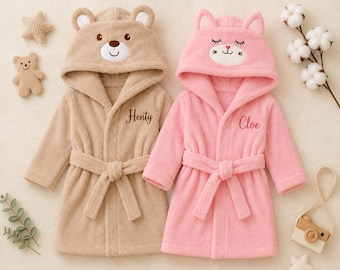 Personalized Baby Bathrobe with Hood, Custom Embroidered Toddler Dressing Gown, Unique Baby Shower Gift Idea for Girl or Boy, Kids Bath Robe