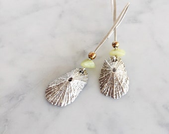 Keyhole Limpet Long Silver Earrings with chartreuse green stones