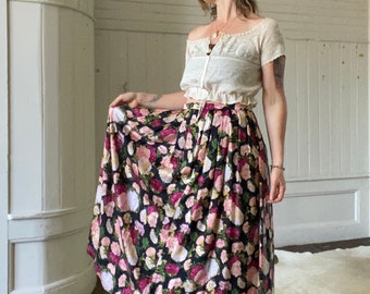 Vintage Silk Black Floral Skirt Size Medium - Large