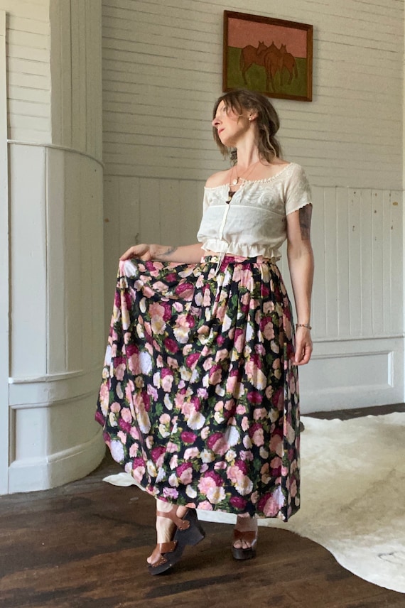 Vintage Silk Black Floral Skirt Size Medium - Larg