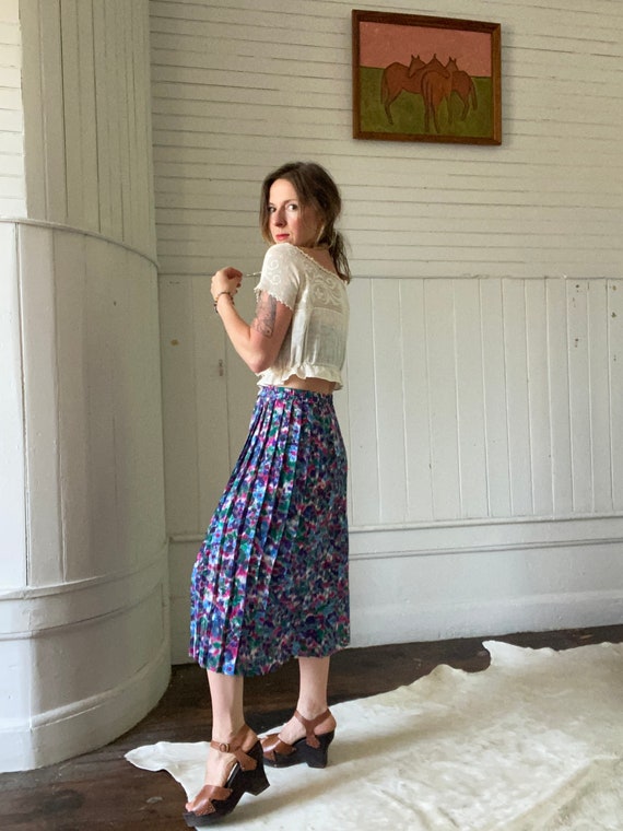 Vintage Satiny Colorful Impressionist Skirt with … - image 5